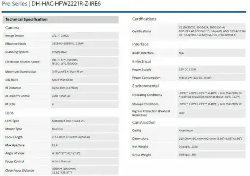 2MP Starlight HDCVI Bullet / Außenkamera Dahua HAC-HFW2231RP-Z-IRE6 7-22mm – Bild 10